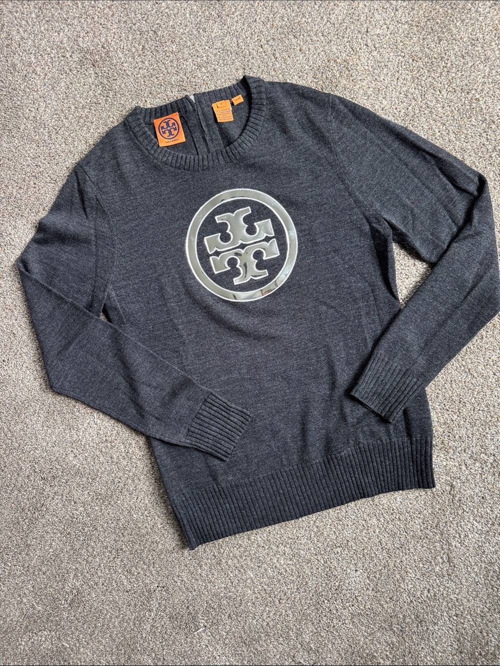 Tory Burch Charcoal Crewneck Sweater with Metallic Logo